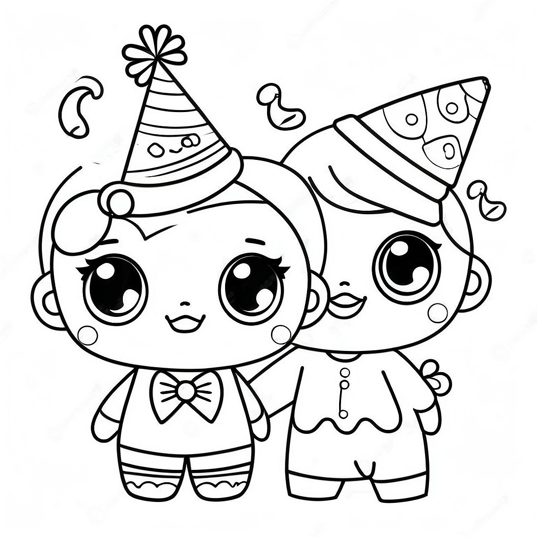 Cute LOL Dolls in Party Hats Coloring Page | Lol Dolls coloring page