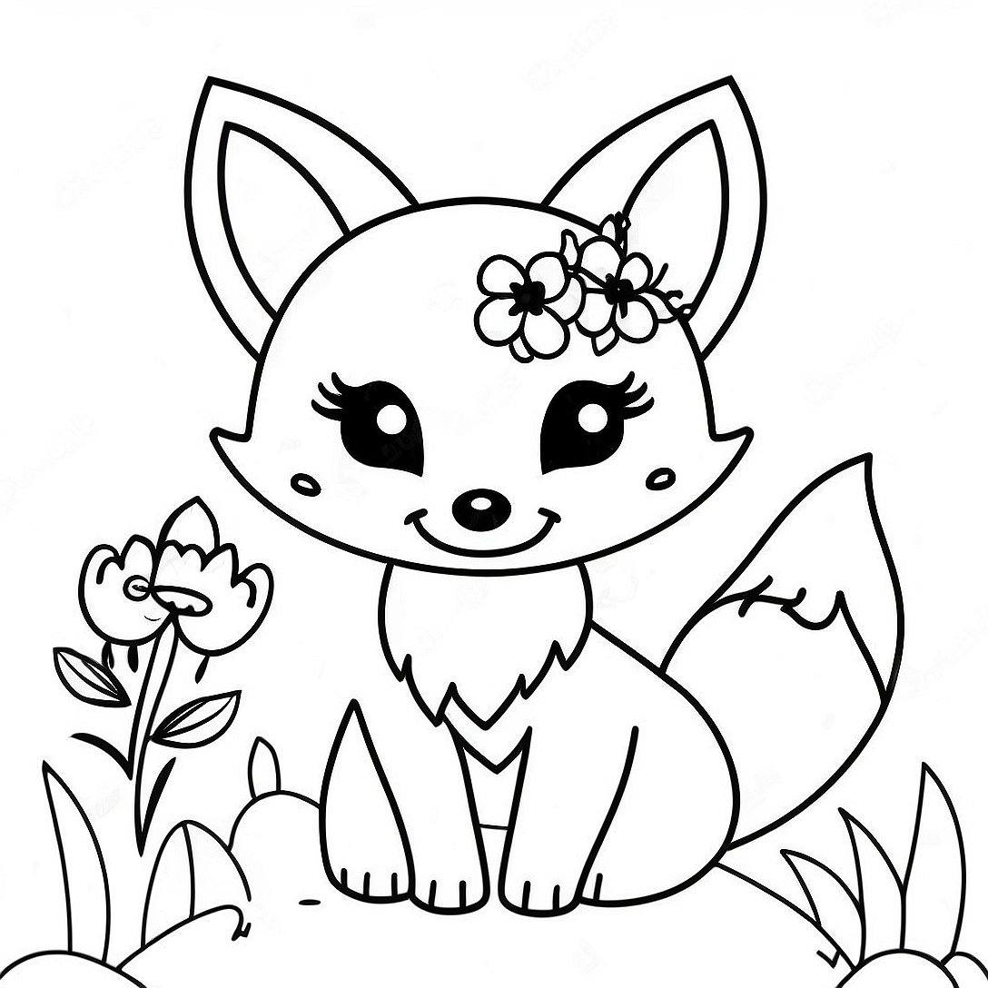 Cute Kawaii Fox with Flowers Coloring Page | Kawaii Fox coloring page