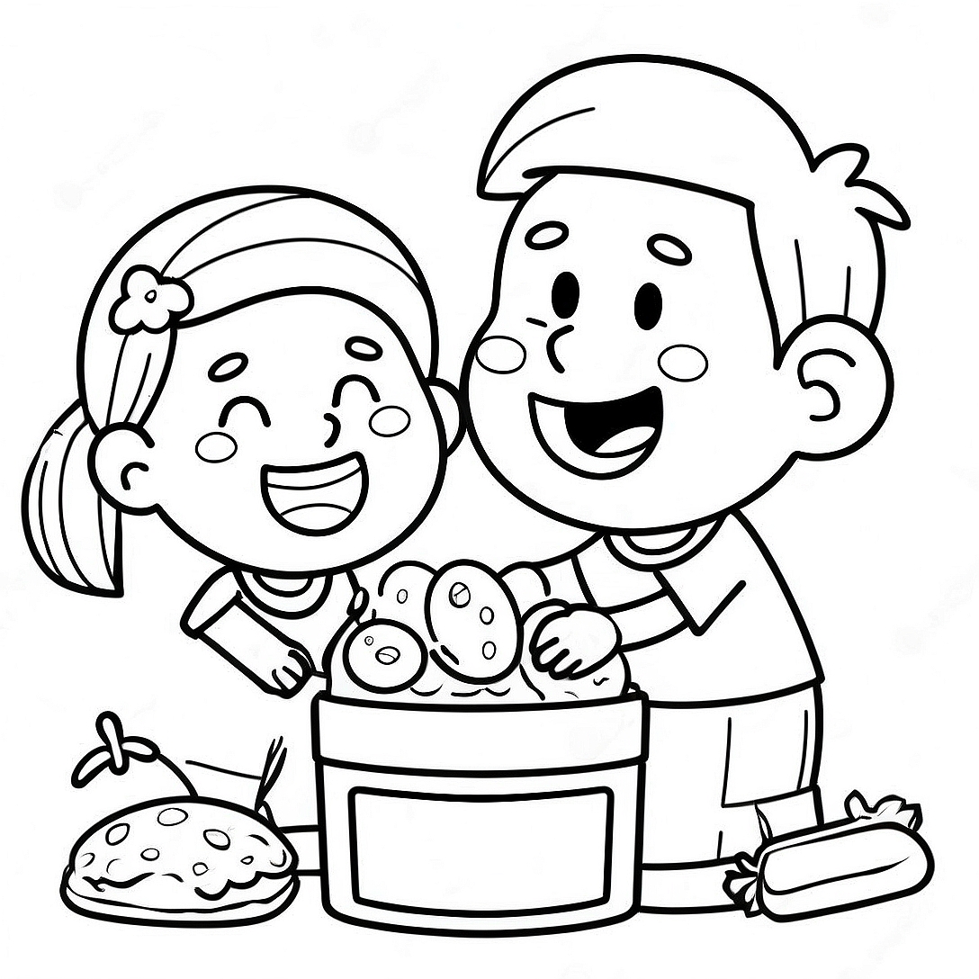 Cheerful Kids Collecting Food Coloring Page | Food Drive coloring page