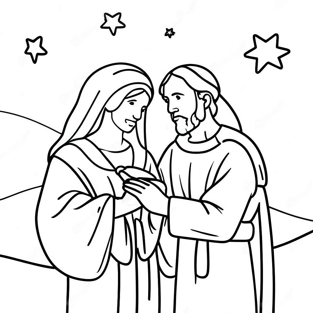 Mary and Joseph in a Beautiful Starry Night Coloring Page | Mary and Joseph Travel to Bethlehem coloring page