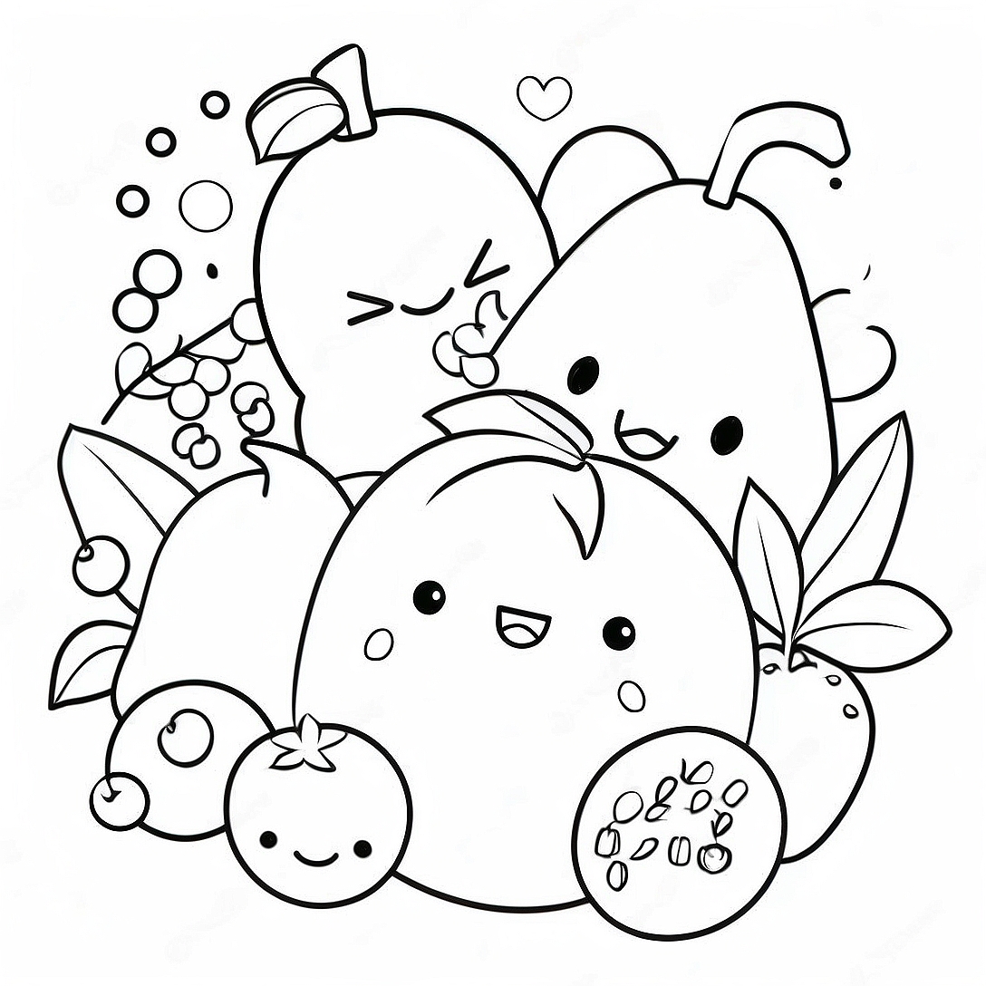 Cute Chibi Fruits Coloring Page | Food Chibi coloring page