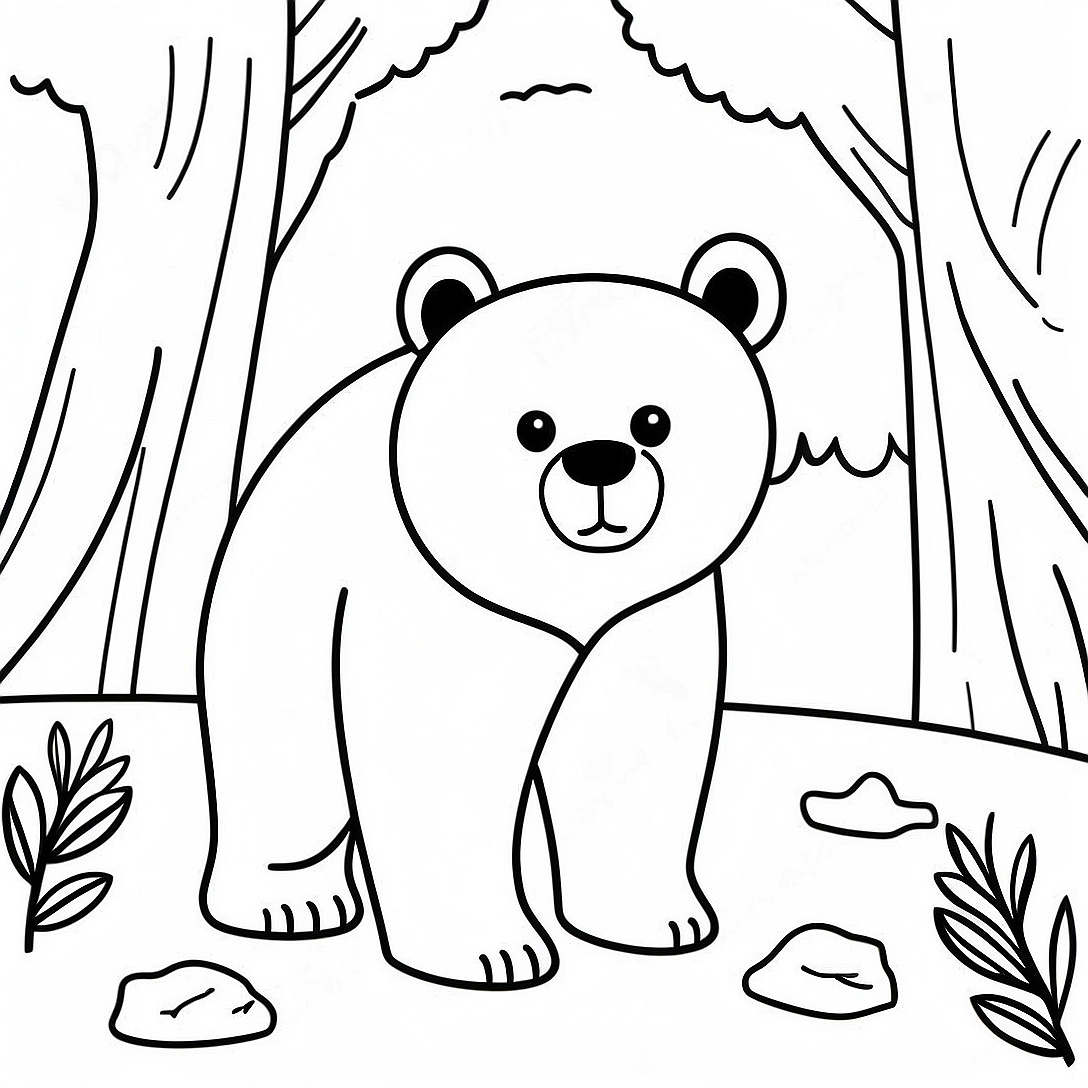 Realistic Bear in a Forest Coloring Page | Realistic Bear coloring page