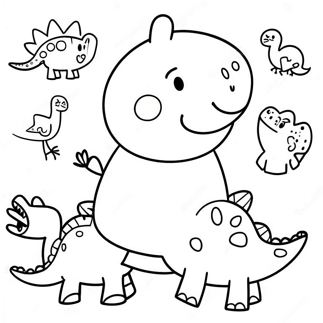 Peppa Pig with Colorful Dinosaurs Coloring Page | Peppa Pig Dinosaur coloring page