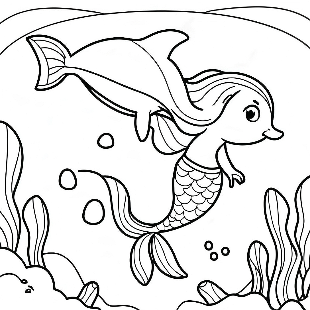 Mermaid Dolphin Underwater Scene Coloring Page | Mermaid Dolphin coloring page