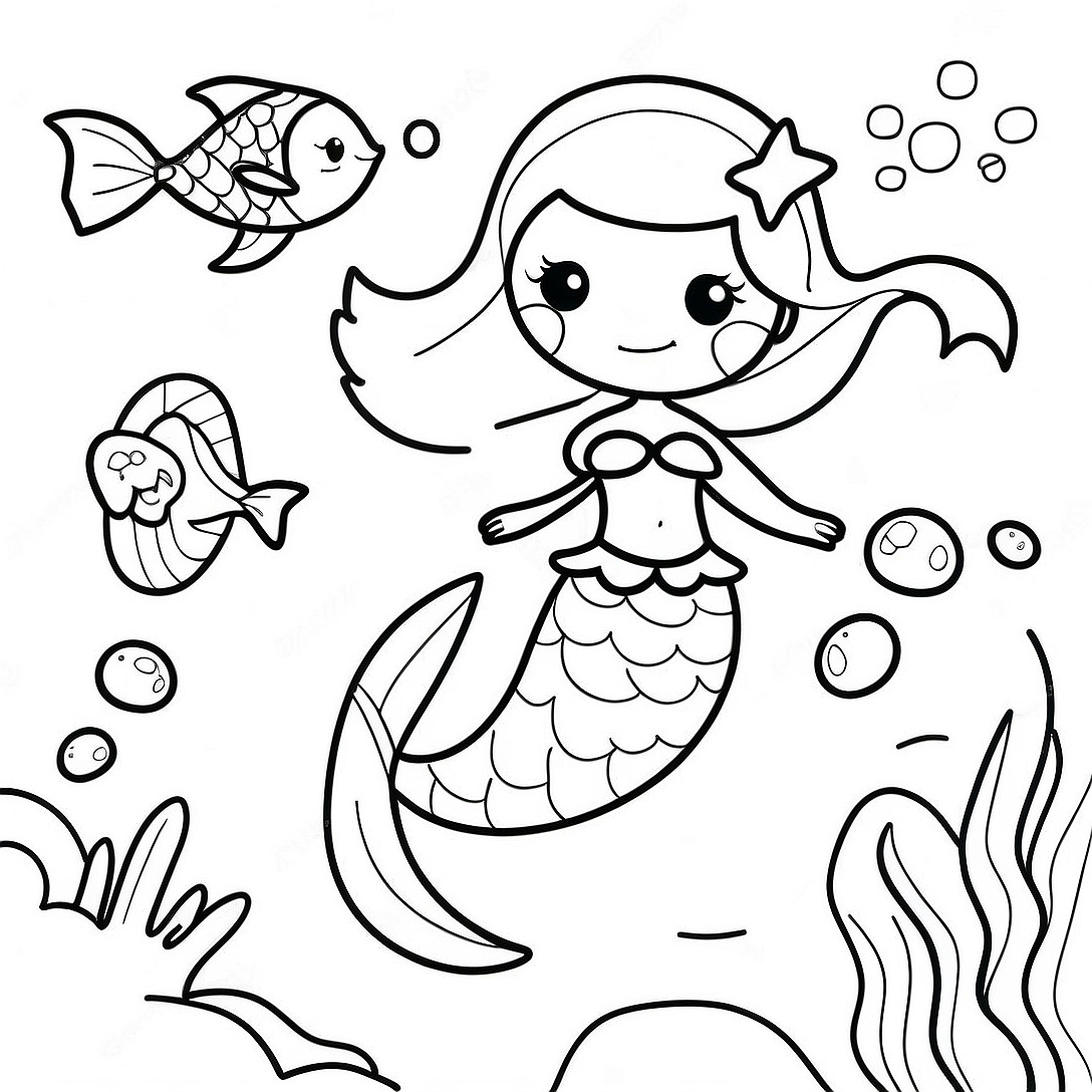Colorful Mermaid with Dolphin Friends Coloring Page | Mermaid Dolphin coloring page
