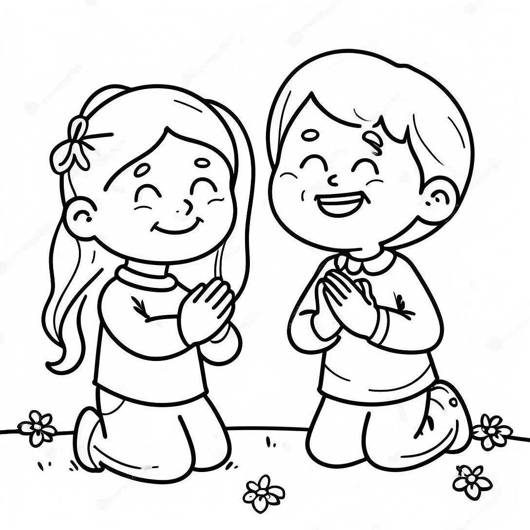 Joyful Children Praying Coloring Page | God is Good coloring page