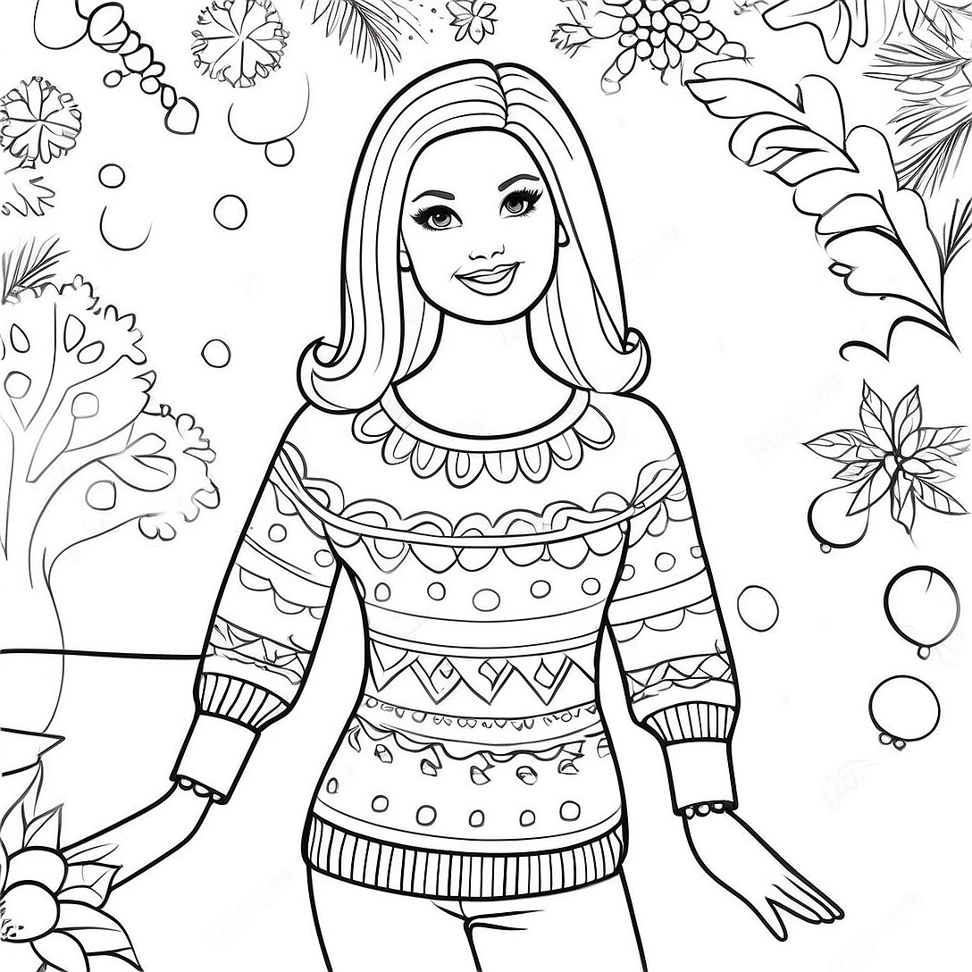 Barbie in a Festive Sweater Coloring Page | Barbie Christmas coloring page