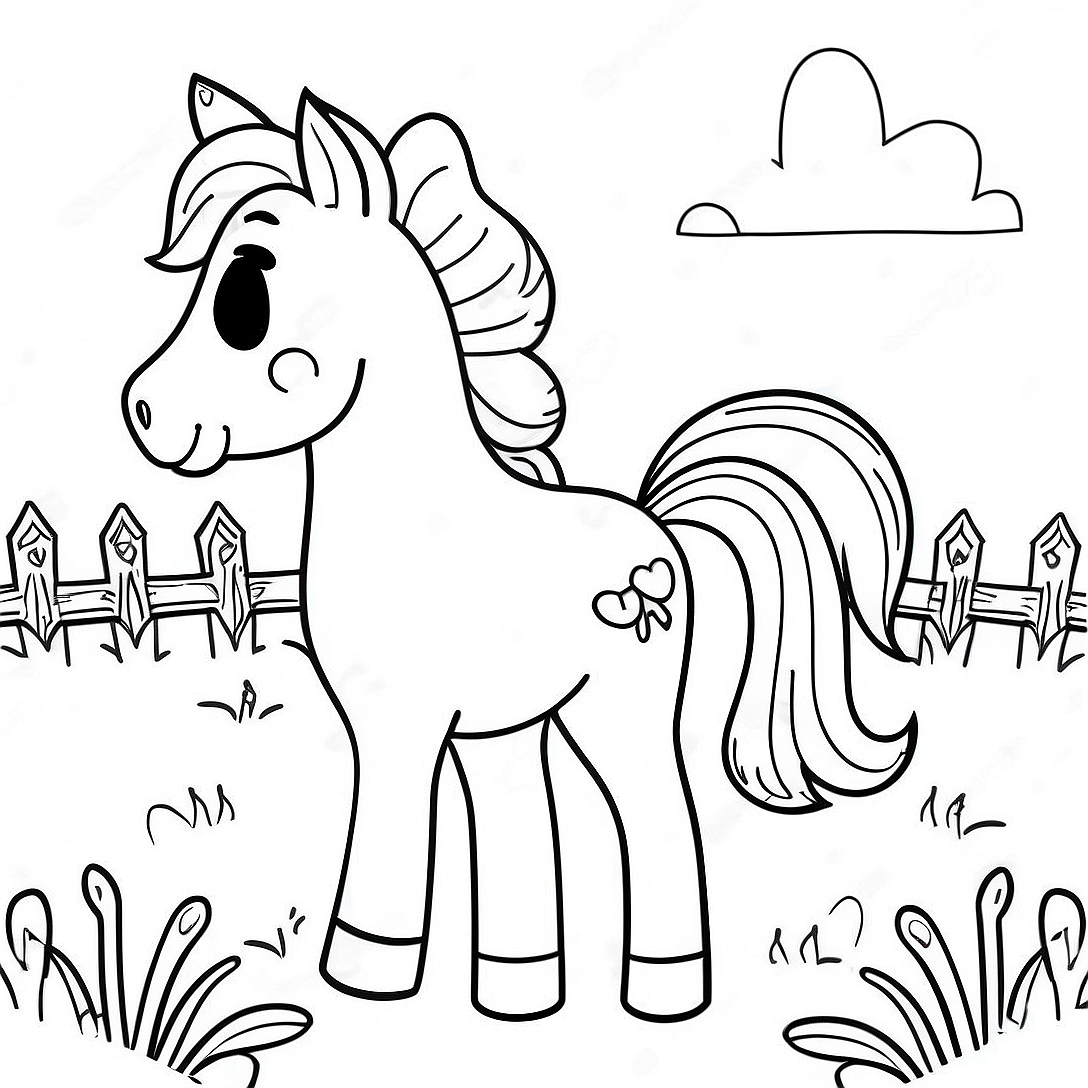 Cute Baby Horse in a Meadow Coloring Page | Baby Horse coloring page