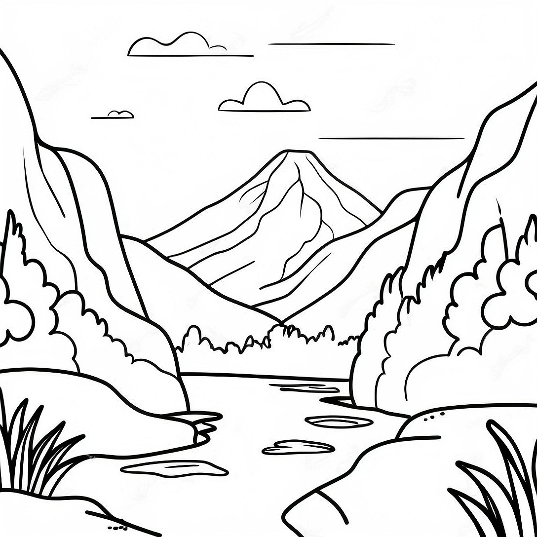 Nature Realistic Mountain Landscape Coloring Page | Nature Realistic for Adults coloring page