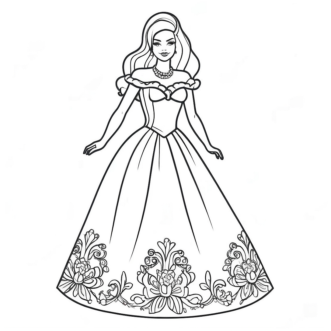Classic Barbie in a Beautiful Dress Coloring Page | Vintage Barbie coloring page