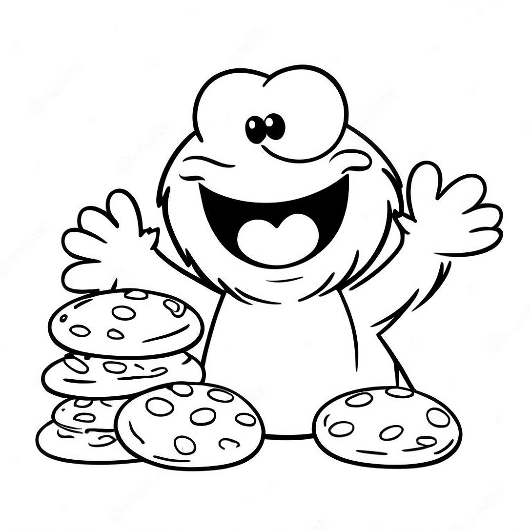 Happy Cookie Monster with Cookies Coloring Page | Cookie Monster coloring page