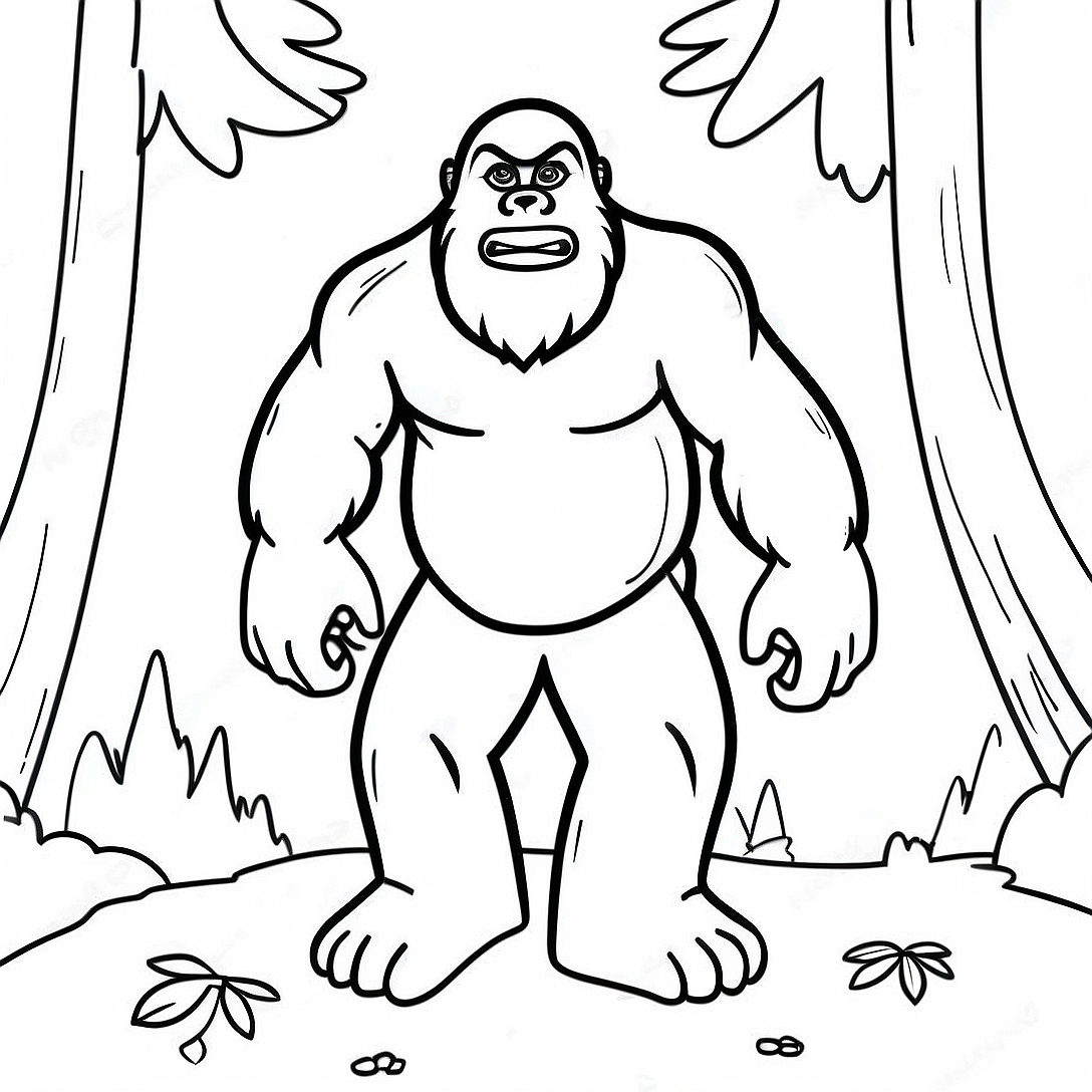 Adventurous Bigfoot in the Forest Coloring Page | Bigfoot coloring page