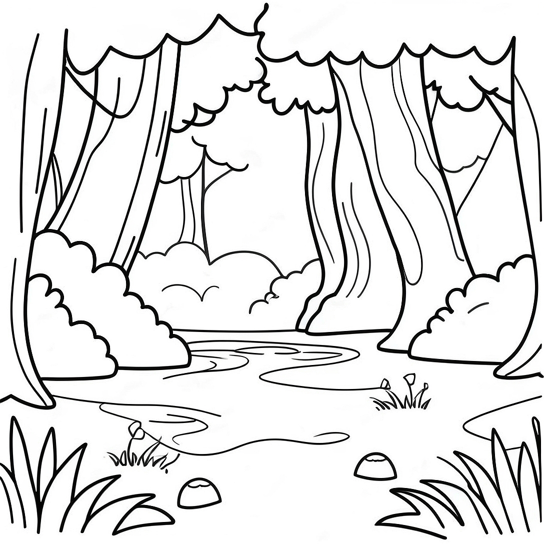 Charming Forest Landscape Coloring Page | Easy Landscape coloring page