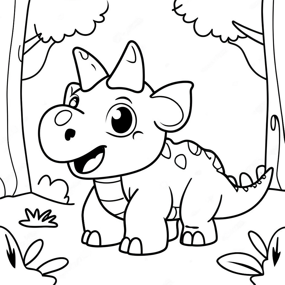 Cute Triceratops in a Forest Coloring Page | Triceratops coloring page