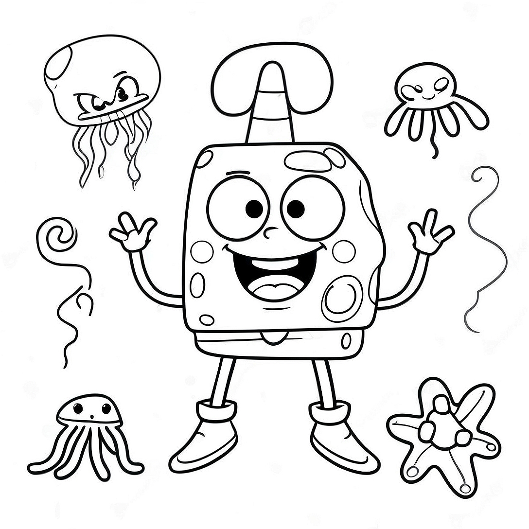 Happy SpongeBob with Jellyfish Coloring Page | SpongeBob and Patrick coloring page