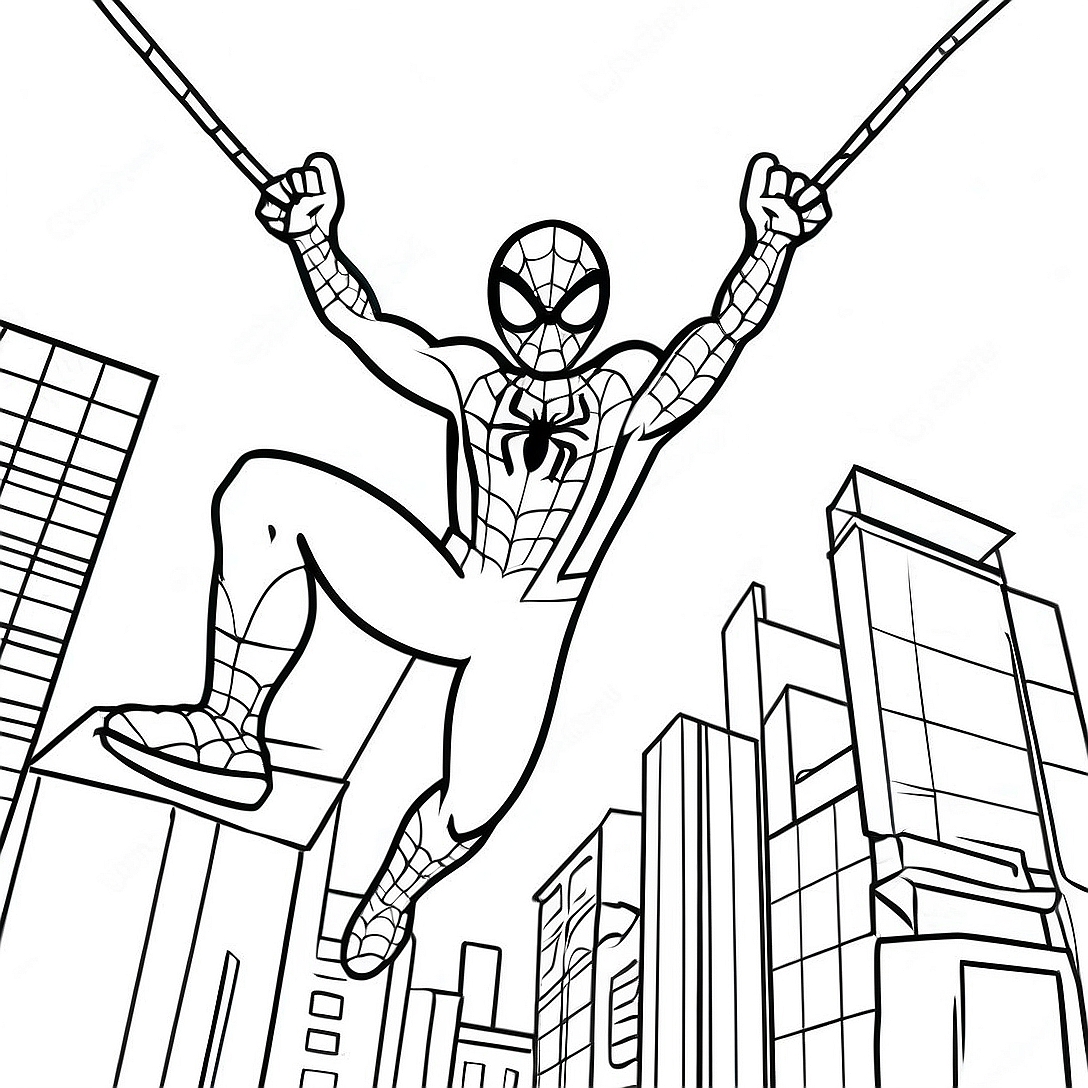 Adventurous Spiderman Swinging Through City Coloring Page | Cute Spiderman coloring page