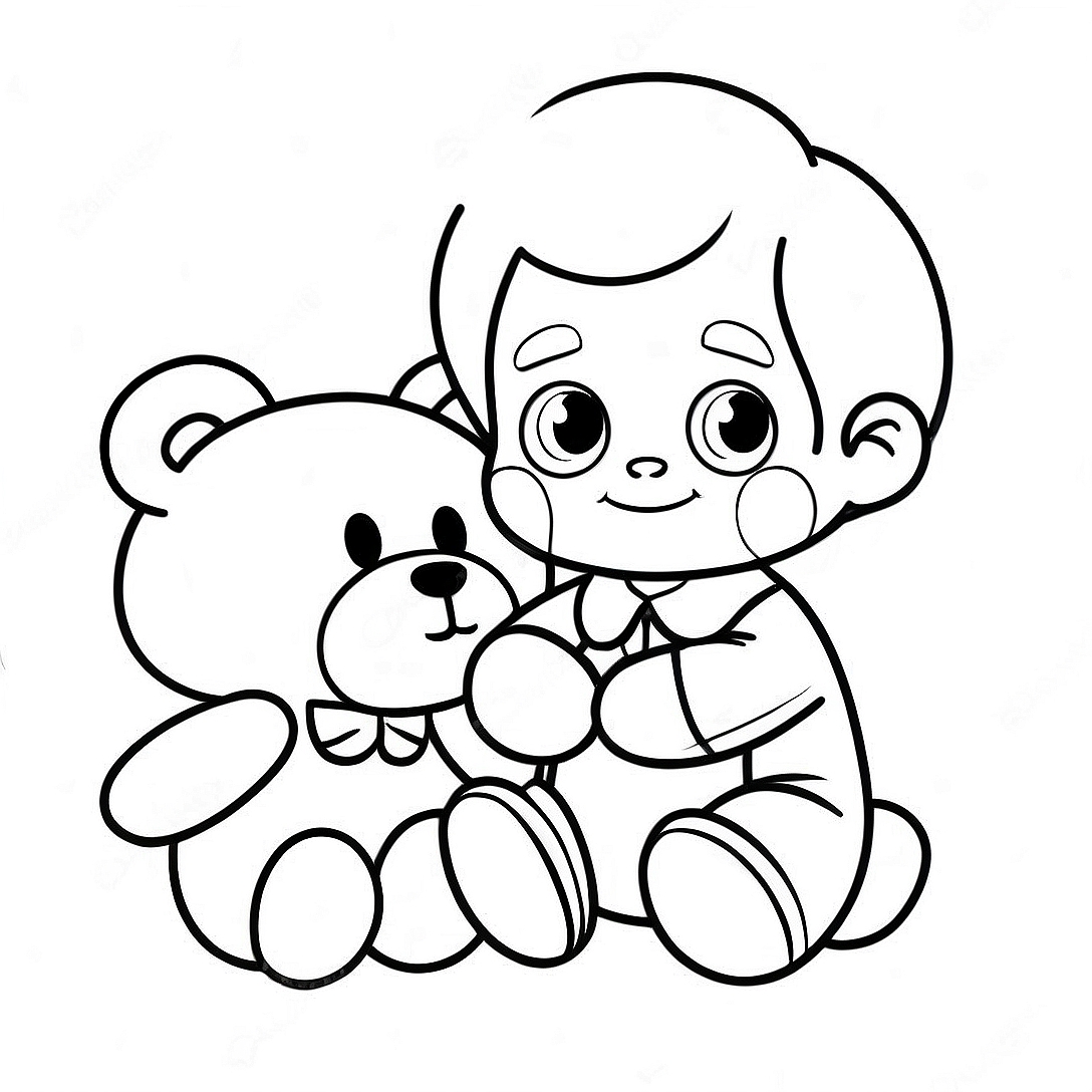 Cute Boy with Teddy Bear Valentine Coloring Page | Boy Valentine coloring page