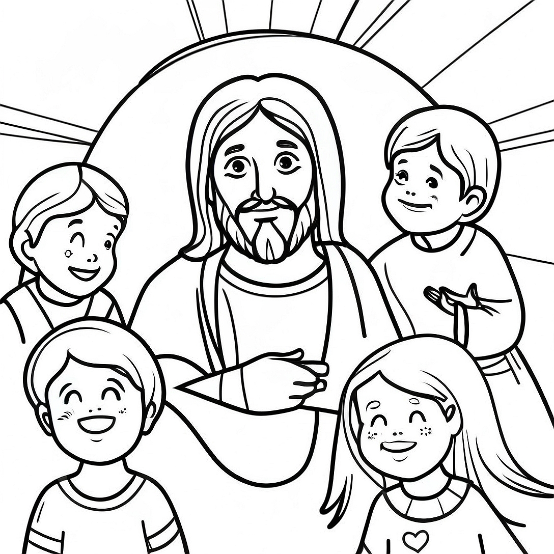 Colorful Jesus with Children Coloring Page | Jesus Loves Me coloring page