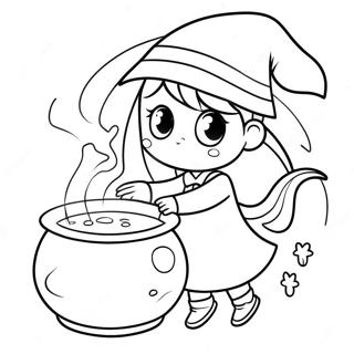 Cute Anime Witch with a Cauldron Coloring Page | Anime Halloween 塗色頁