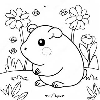 Cute Guinea Pig in a Flower Garden Coloring Page | Guinea Pig 塗色頁