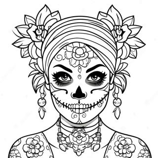 Edgy Gangsta Sugar Skull Girl with Tattoos Coloring Page