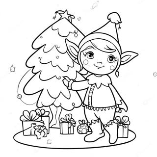 Whimsical Elf with Christmas Tree Coloring Page | Elf for Adults 塗色頁