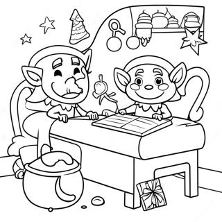 Cheerful Elves in Santa's Workshop Coloring Page | Santa's Workshop 塗色頁