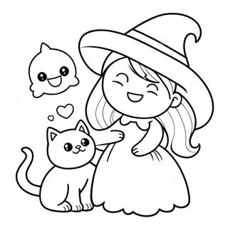 Cute Witch with a Cat Coloring Page