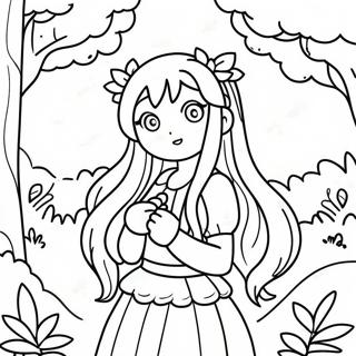 Cute Long Hair Anime Girl in a Fantasy Forest Coloring Page | Long Hair Anime Girl 塗色頁