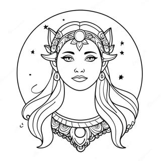 Mystical Moon Goddess Under Stars Coloring Page