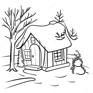 Cozy Winter Cabin with Snowman Coloring Page | Let It Snow 塗色頁