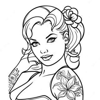 Vintage Tattoo Pin Up Coloring Page | Tattoo Pin Up for Adults 塗色頁