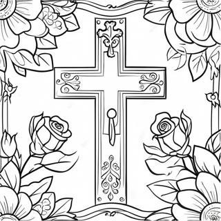Cross with Roses Floral Design Coloring Page | Cross with Roses 塗色頁