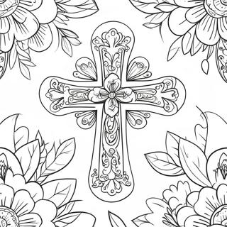 Intricate Cross with Roses Coloring Page | Cross with Roses 塗色頁