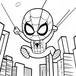 Chibi Spiderman Swinging Through City Coloring Page | Chibi Spiderman 塗色頁