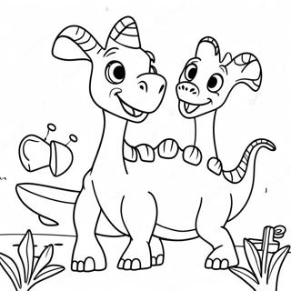 Cute Parasaurolophus Playing with Friends Coloring Page | Parasaurolophus 塗色頁