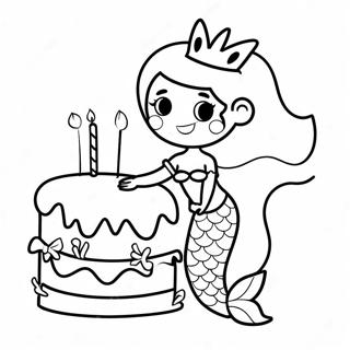 Cute Happy Birthday Mermaid with Cake Coloring Page | Happy Birthday Mermaid 塗色頁