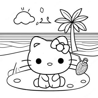 Summer Hello Kitty Beach Scene Coloring Page | Summer Hello Kitty 塗色頁
