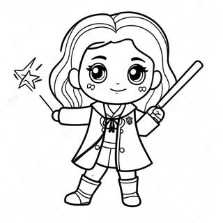 Chibi Hermione Granger with Wand Coloring Page | Harry Potter Chibi 塗色頁