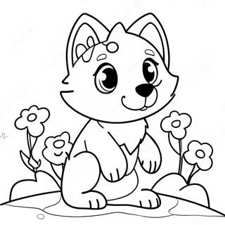 Playful Kawaii Wolf with Flowers Coloring Page | Kawaii Cute Wolf 塗色頁