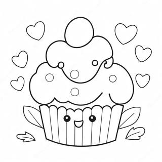 Cute Kawaii Cupcake with Hearts Coloring Page | Kawaii Valentines Day 塗色頁