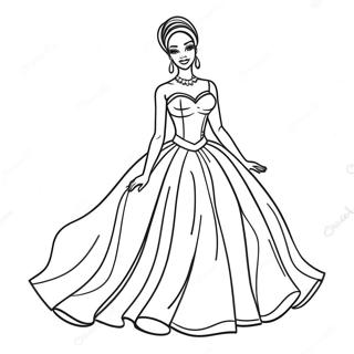 Elegant Black Barbie in a Ball Gown Coloring Page | Black Barbie 塗色頁