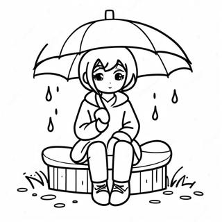 Melancholic Anime Girl Sitting in Rain Coloring Page | Sad Anime Girl 塗色頁