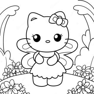 Cute Hello Kitty Fairy in a Flower Garden Coloring Page