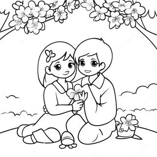 Cute Anime Couple Under a Cherry Blossom Tree Coloring Page