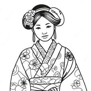 Japanese Girl in Traditional Kimono Coloring Page | Japanese Girl 塗色頁