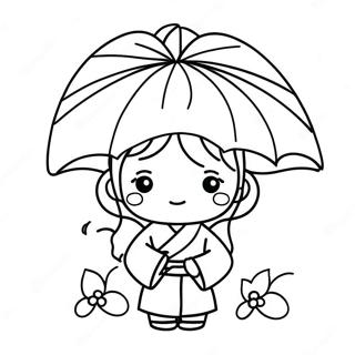Cute Japanese Girl with Umbrella Coloring Page | Japanese Girl 塗色頁