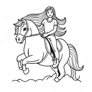 Horseback Riding Girl with Flowing Hair Coloring Page | Horseback Riding Girl 塗色頁