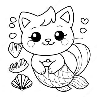 Cute Mermaid Cat with Shells Coloring Page