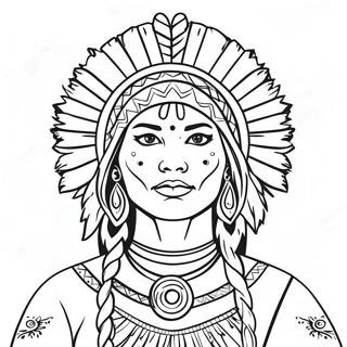 Elegant Native American Woman in Traditional Dress Coloring Page | Native American Woman for Adults 塗色頁